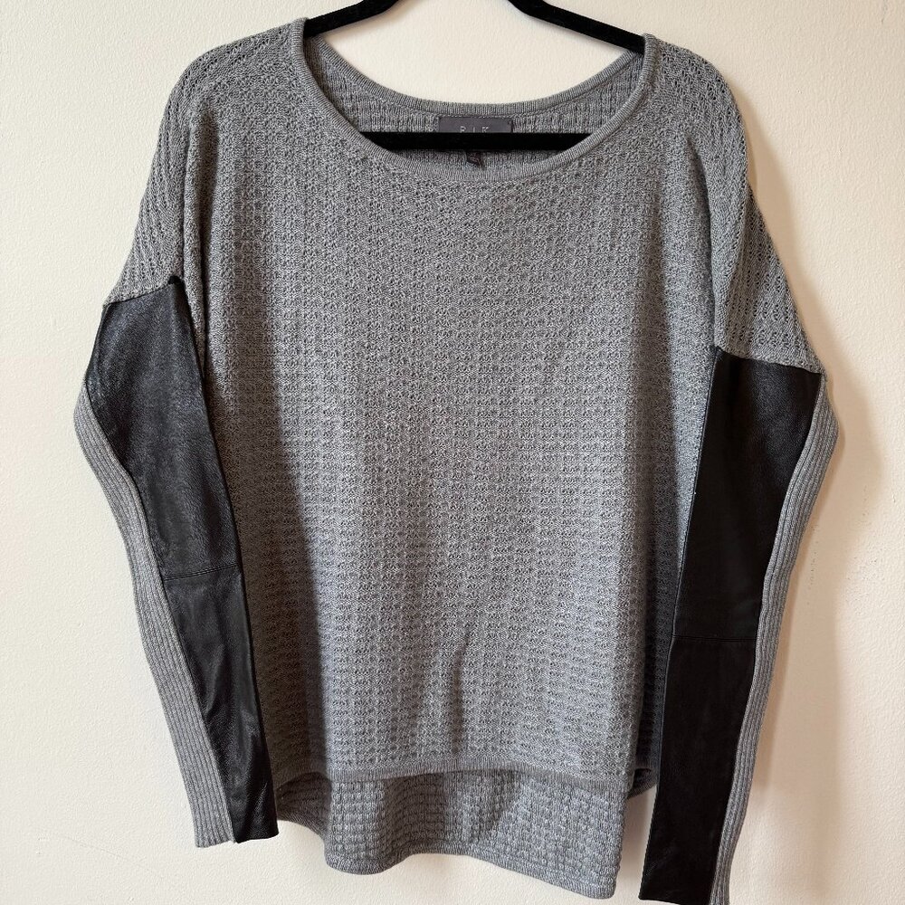 PJK Sweater Gray with Black Accent Faux Leather Sleeve